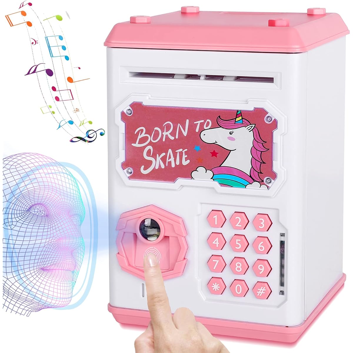 CWLAKON Piggy Bank for Girls Kids Electronic Money Bank Fingerprint Face Scan Password Code Lock Cash Coin ATM Bank Toy Gift for 4 5 6 7 8 9 10 Year Old Girls