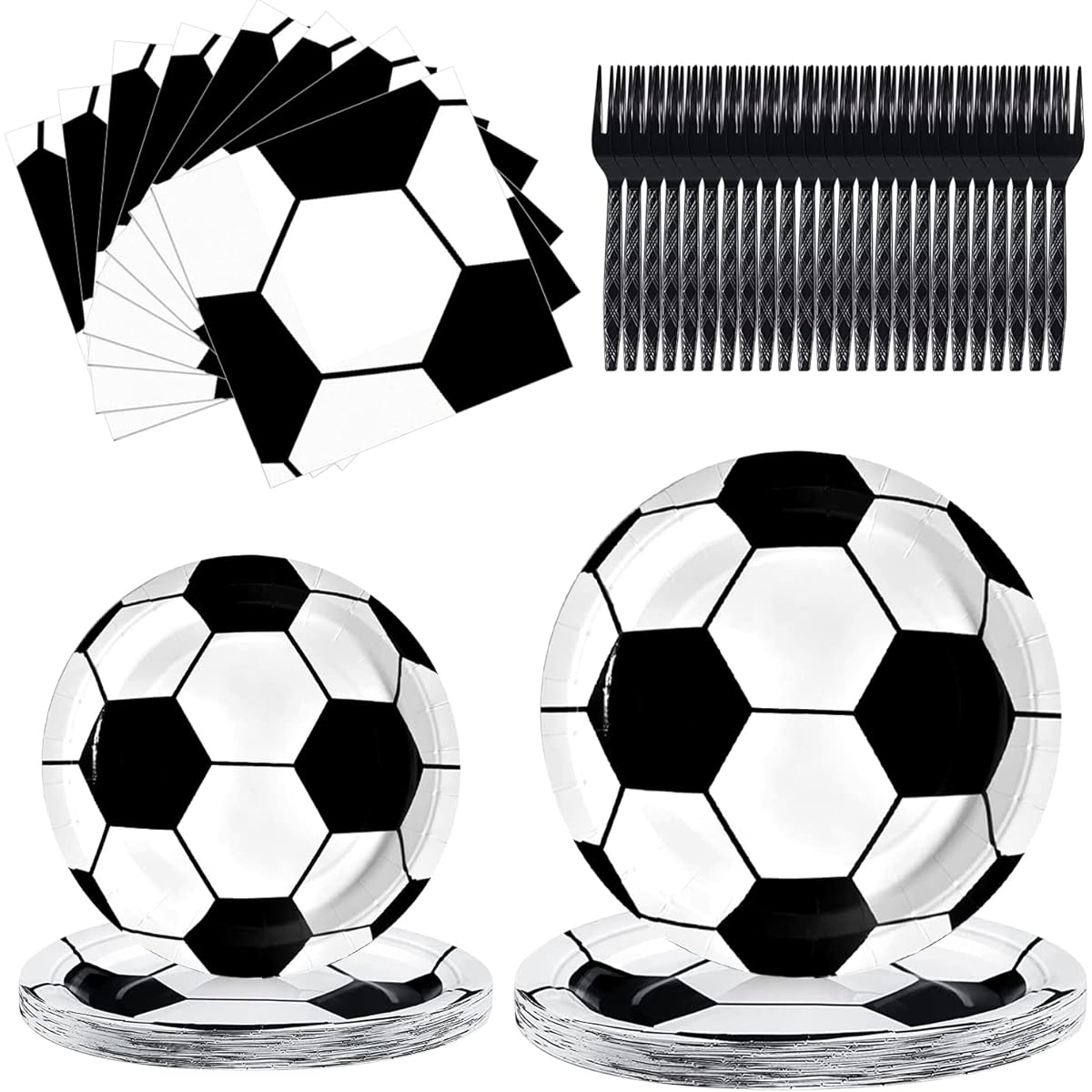 96-piece soccer party supplies set with soccer themed paper plates, napkins, forks and other party tableware for birthday parties World Cup birthday parties Serves 24