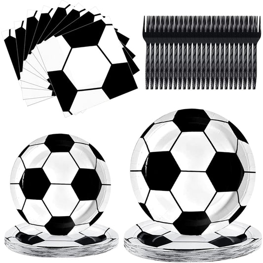 96-piece soccer party supplies set with soccer themed paper plates, napkins, forks and other party tableware for birthday parties World Cup birthday parties Serves 24