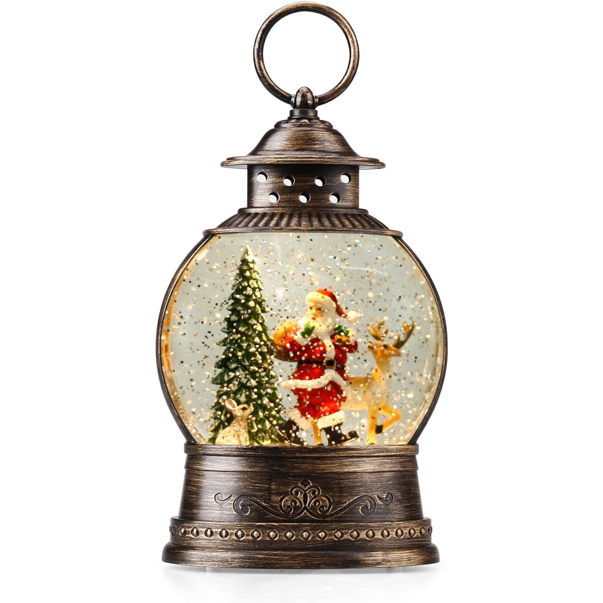 Snow Globe Christmas Decoration with Lights, Musical Christmas Snow Globe Lantern with Swirling Glitter, Santa and Elk, Christmas Holiday Party Gifts and Decorations