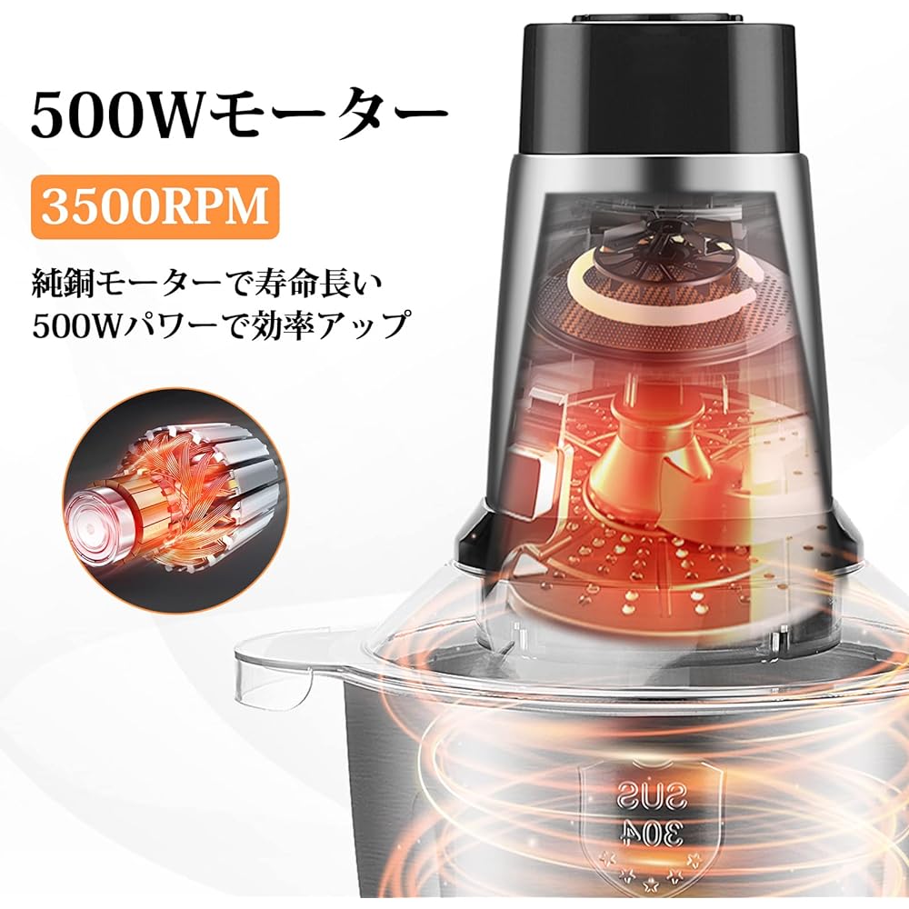 Oppakou Food Processor, 3.5L Large Capacity, Meat, 500W High Power, 5 Functions in 1 [Chopping, Crushing, Kneading, Crushing, Mixing] 3 Speeds, 4 Pieces Cutter, Food Chopper, Electric, Stainless Steel, Compact, Easy Operation, Easy to Wash, Overheat Prot