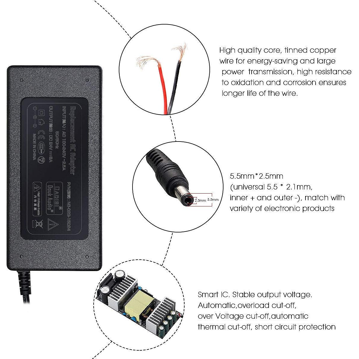 Nobsound DC24V@6A 150W Power Adapter AC100~240V Power Brick for Amplifier