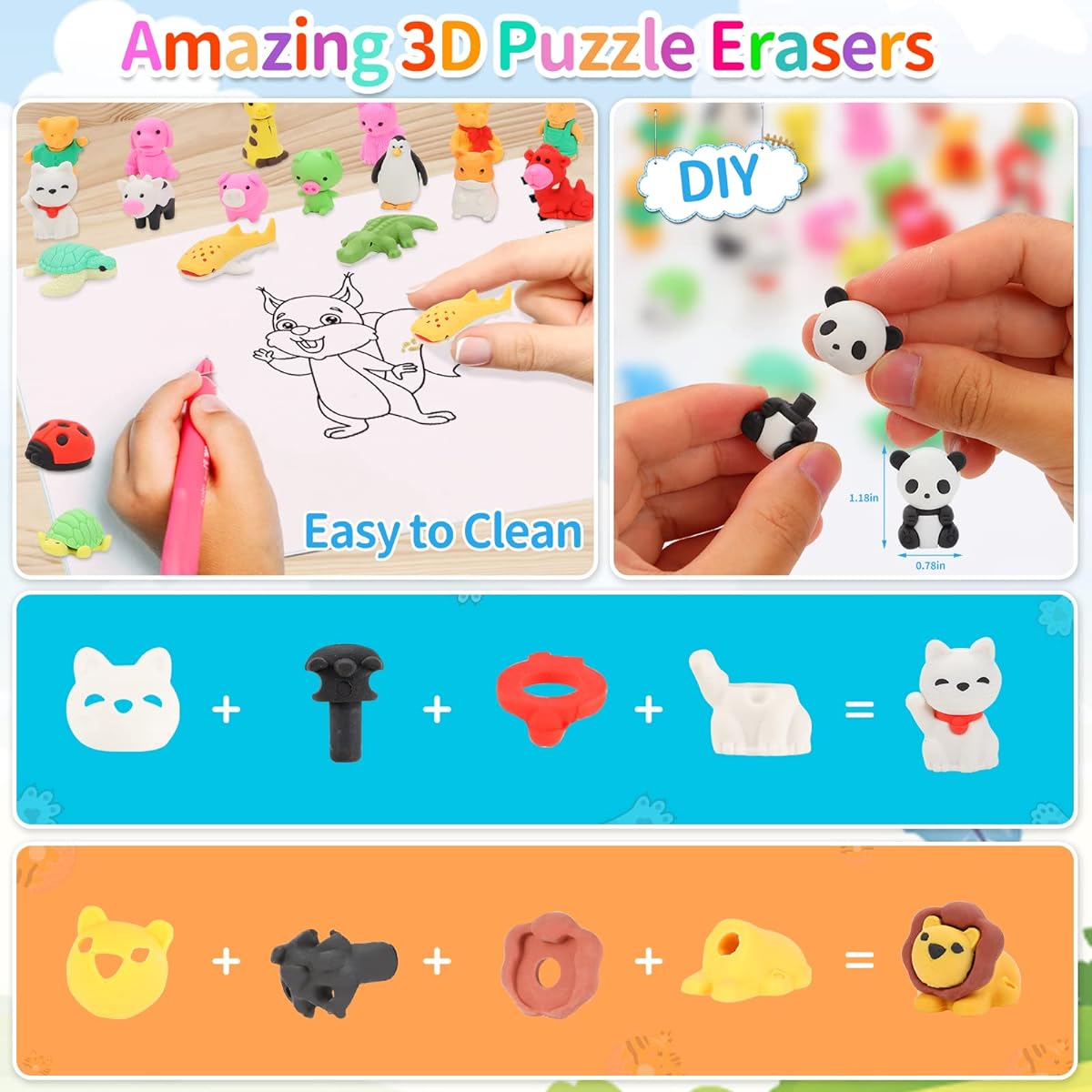 LanMa Animal Erasers Desk Pets for Kids Classroom Giveaways Puzzle Erasers Take Apart Erasers Animal Pencil Erasers Student Rewards Class Treasure Chest Party Favors Easter Egg Stuffers 55pcs