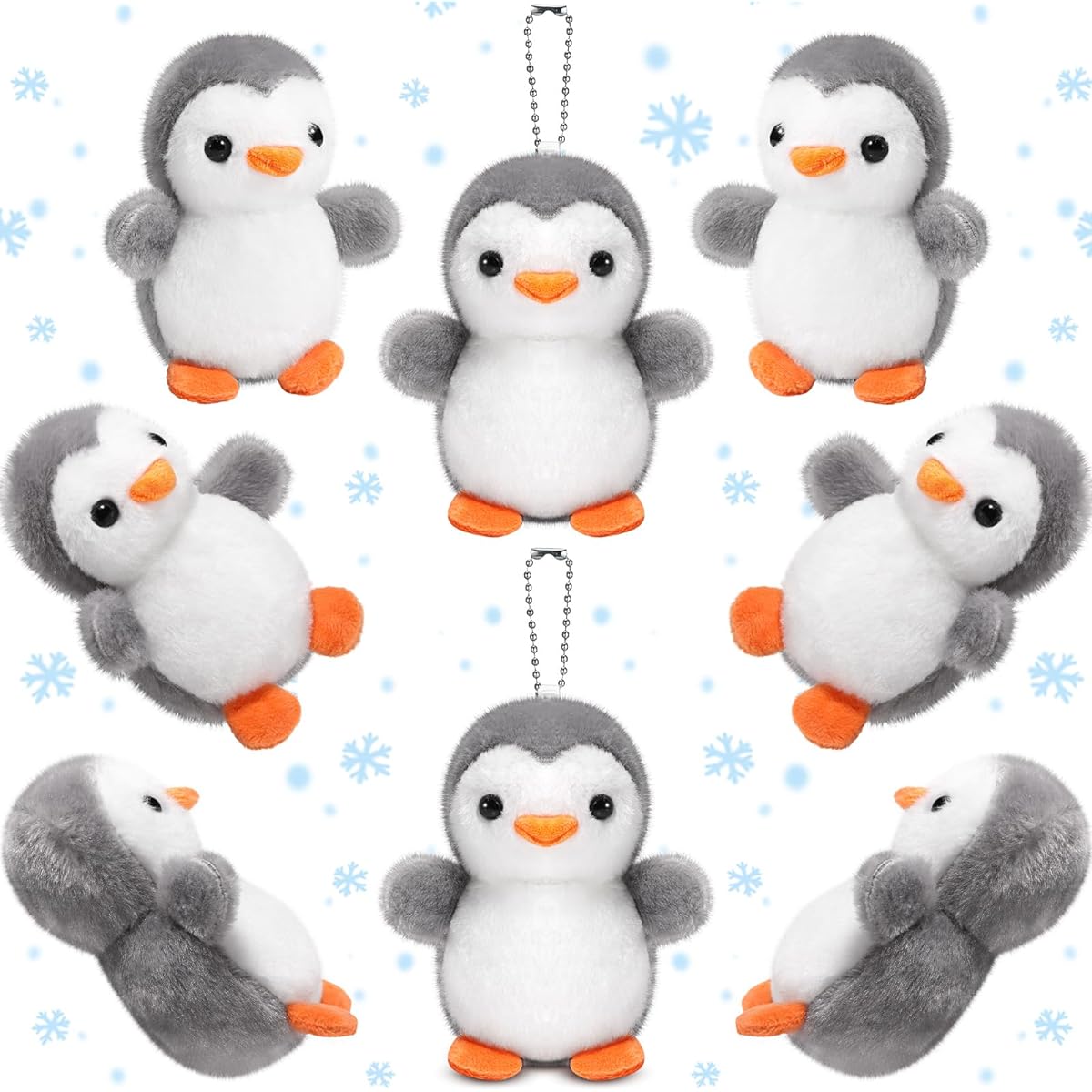 Skylety Mini Penguin Keychains, 8pcs 4" Stuffed Penguins Plush Bulk Cute Small Stuffed Animals Penguin Hanging Pendant Felt Penguin Ornaments for Kids Winter Birthday Decor Gifts (Grey)