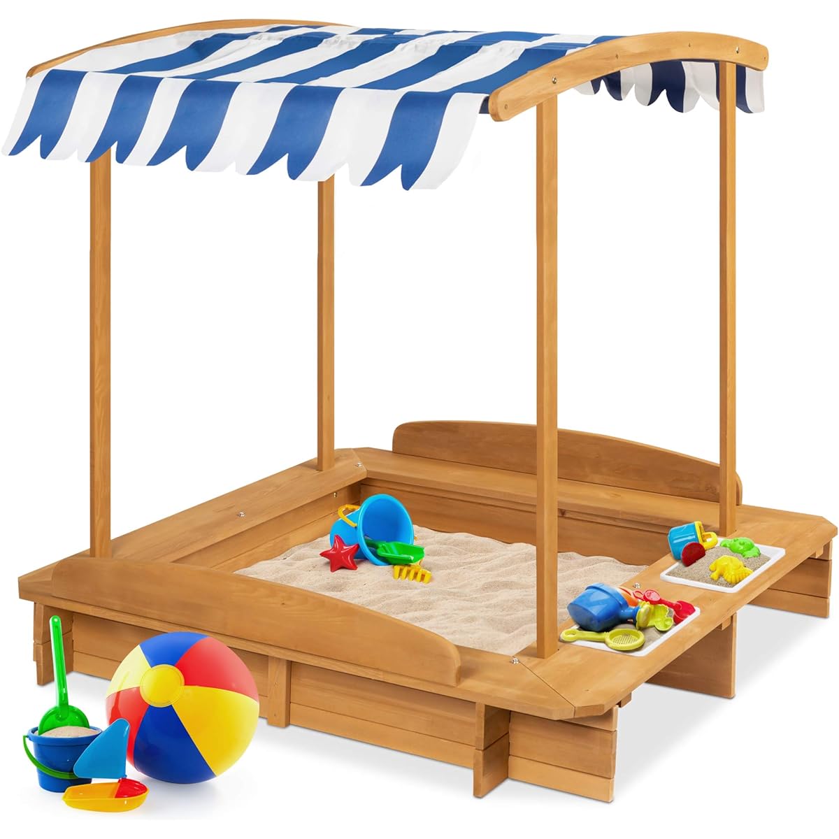 Best Choice Products Kids Wooden Cabana Sandbox Play Station for Kids Outdoor Backyard with 2 Bench Seats, UV Resistant Canopy Shade, Fabric Sand Pit Cover, 2 Side Buckets, Natural