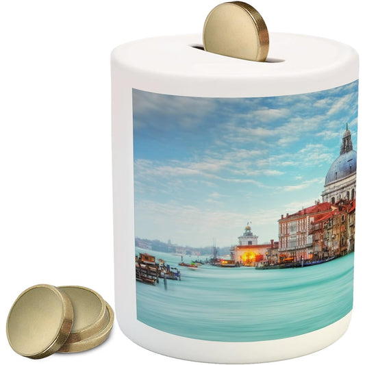 Ambesonne Italy Piggy Bank - Print of Images of the Grand Canal of Venice, Italy and Historic Architecture - Ceramic Coin Bank - Piggy Bank - Turquoise, Orange, Blue