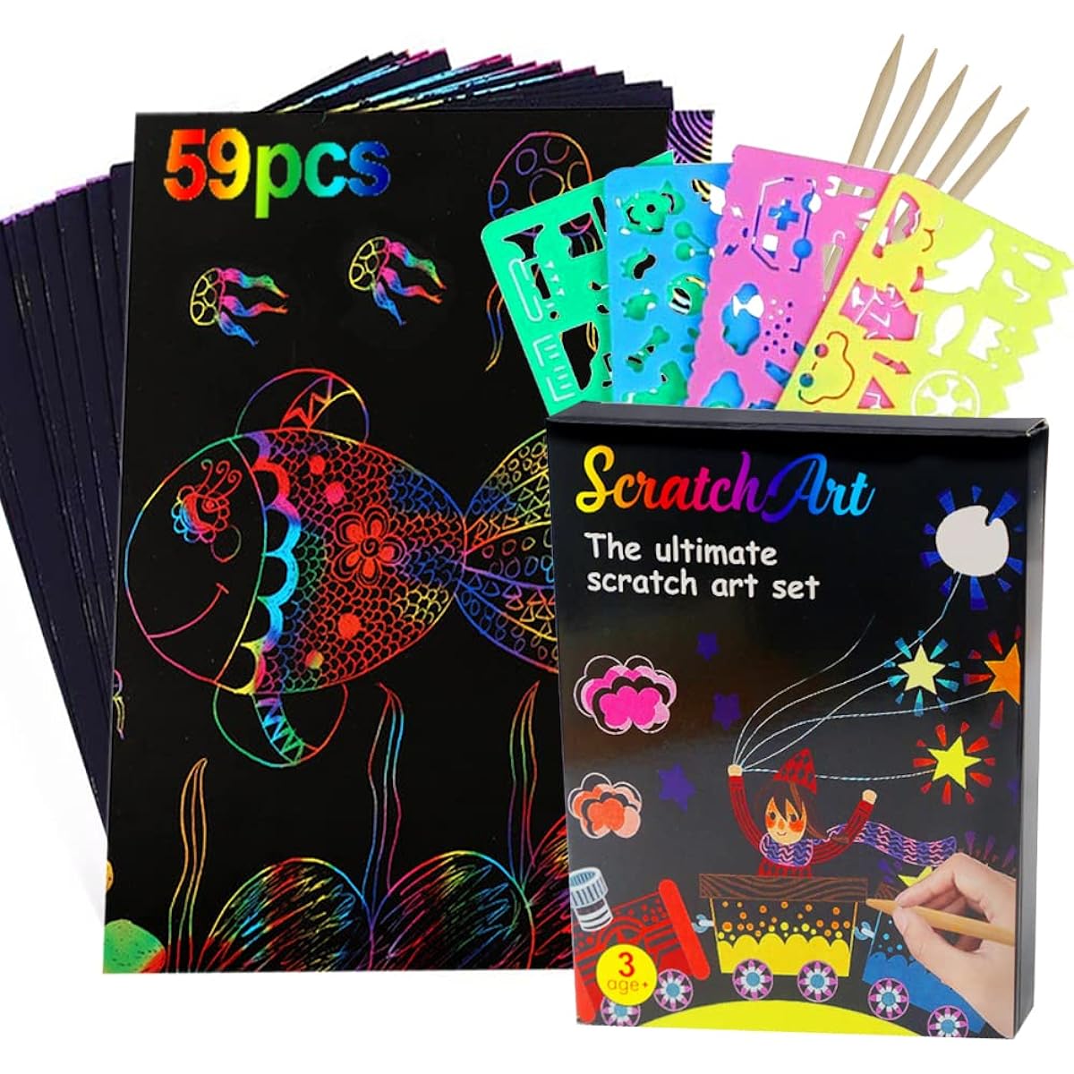 SIENON Scratch Art Paper Set, 59 Pieces Rainbow Magic Scratch Paper Set for Kids Black Scratch Off Art Craft Kit Note Sheets Board Doodle Pad Fun DIY Game Birthday Party Christmas Easter Gift