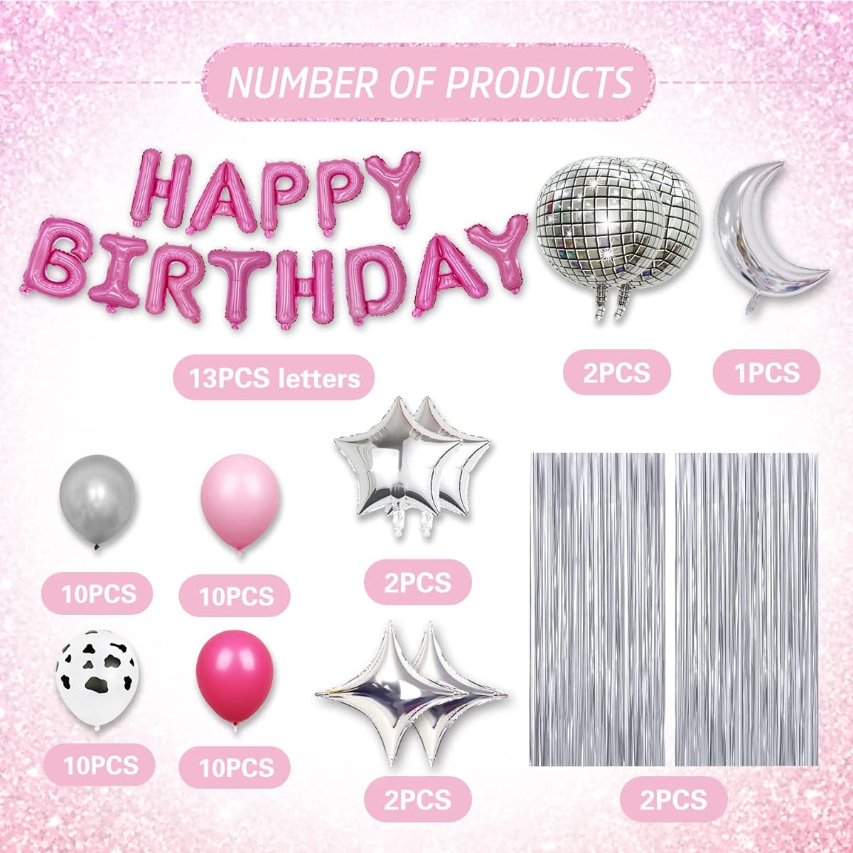 Refavor Disco Birthday Party Decorations - 60 Pieces Western Disco Party Decorations Pink Silver Background Disco Ball Hot Pink Happy Birthday Balloons Decoration Birthday Decoration Supplies Cowgirl Women