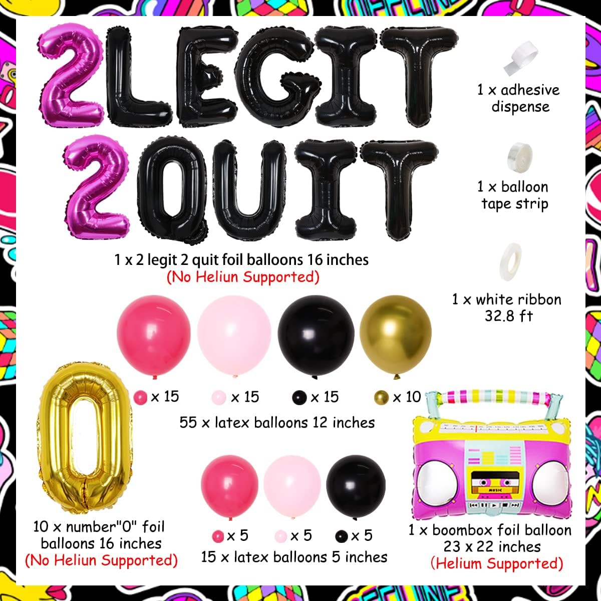 2 Legit to Quit Party Decorations for Girls - Gold Foil Chain Balloon Kit, 2 Legit 2 Quit Balloon Boombox Balloons 80s 90s Hip Hop Theme Birthday Party Supplies for 2nd Birthday