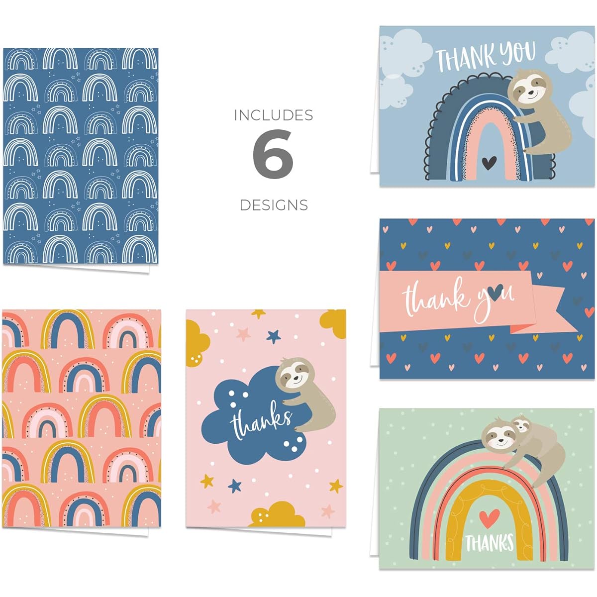 Canopy Street Thank You Cards Happy Rainbow and Sloth Designs / 24 Colorful Thank You Cards and Envelopes / 6 Cute Designs