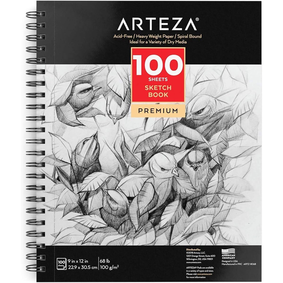 ARTEZA 9X12" Sketch Book, 100 Sheets (68 lb/100gsm), Spiral Bound Artist Sketch Pad, Durable Acid Free Drawing Paper, Ideal for Kids & Adults, Bright White