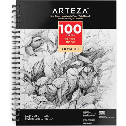 ARTEZA 9X12" Sketch Book, 100 Sheets (68 lb/100gsm), Spiral Bound Artist Sketch Pad, Durable Acid Free Drawing Paper, Ideal for Kids & Adults, Bright White