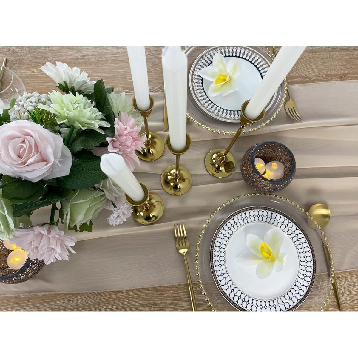 EH Linen 13ft Chiffon Table Runner 27 x 156 Inch Romantic Sheer Wedding Table Runner for Top Table Bridal Party Decorations (Champagne)
