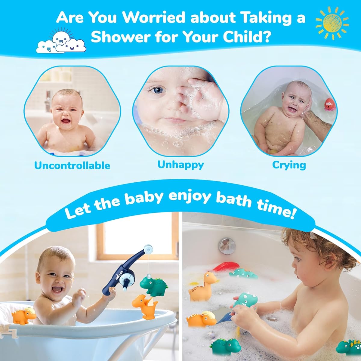 Bath Toys, Bath Toys for Toddlers, Magnetic Fishing Game with Toy Fishing Pole and 8 Dinosaurs, Baby Water Toys, Bath Time Toys for Toddlers Boys Girls