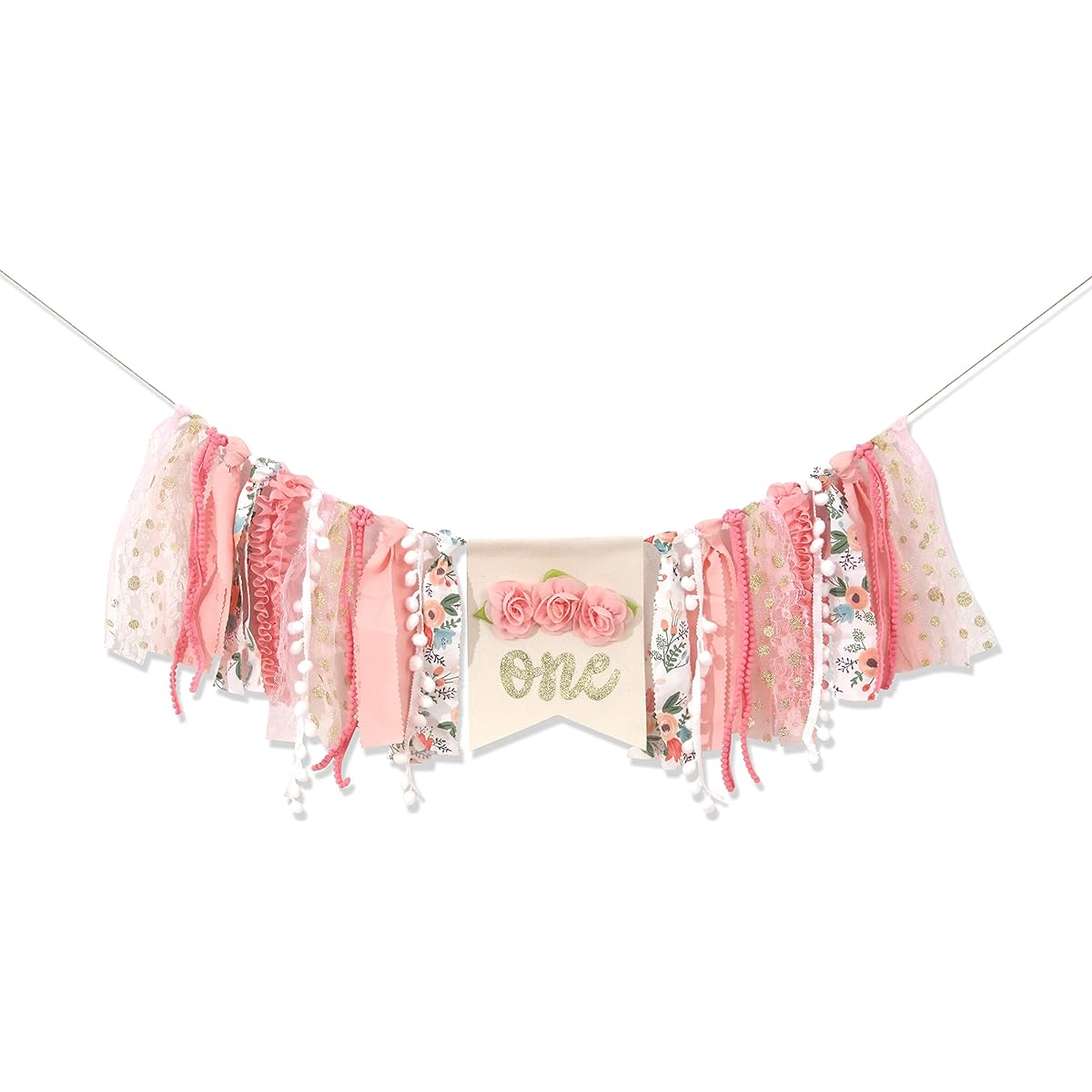 Girls High Chair Banner - Floral Birthday Party Decoration Rustic High Chair Banner for 1st Birthday Girls Cake Smash Photo Props Gold 1st Birthday Sign (Flower One Banner)