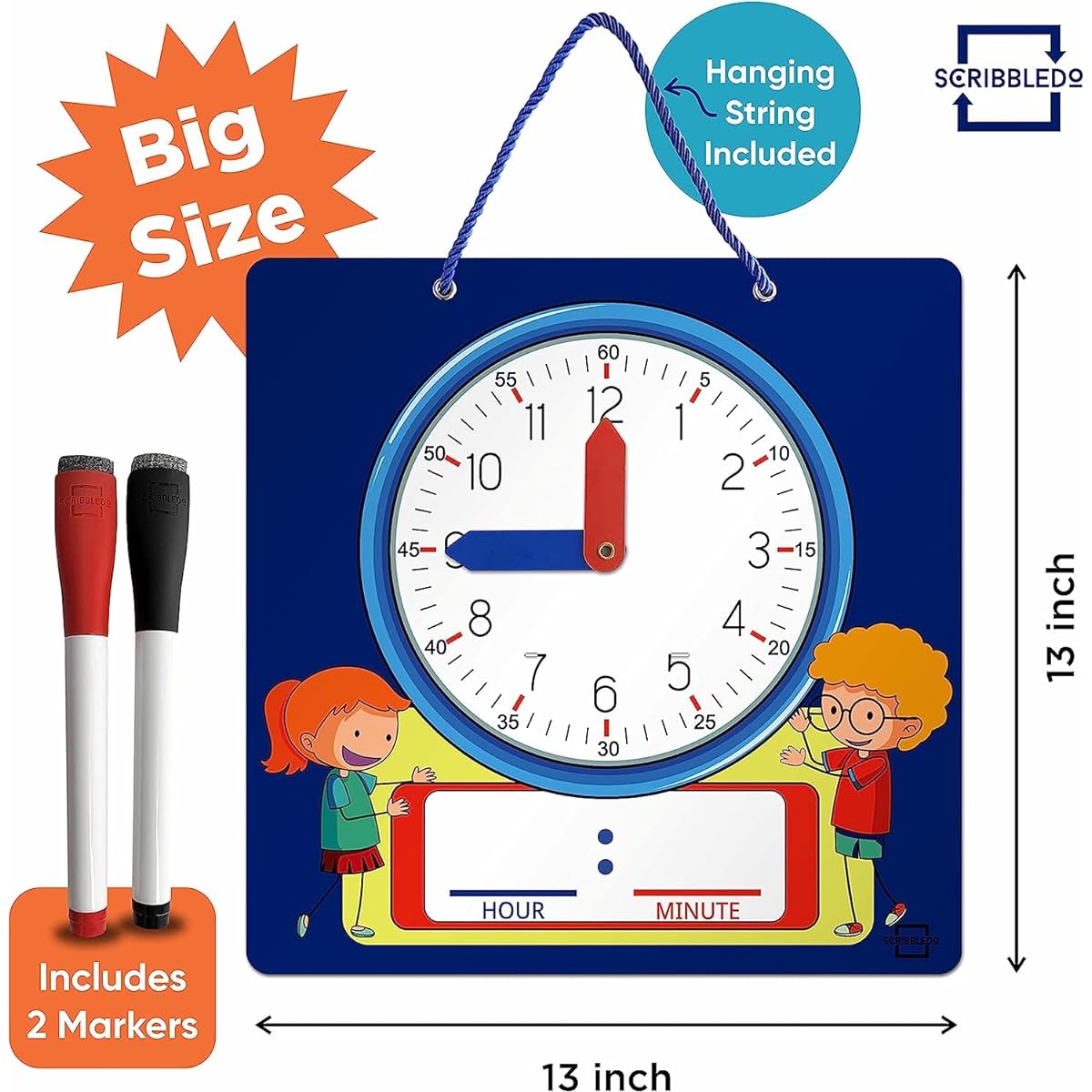 Scribbledo Writable Whiteboard Learning Clock for Kids, Write & Wipe Demonstration Clock for Kids, How to Tell Time, Classroom and Homeschool Supplies