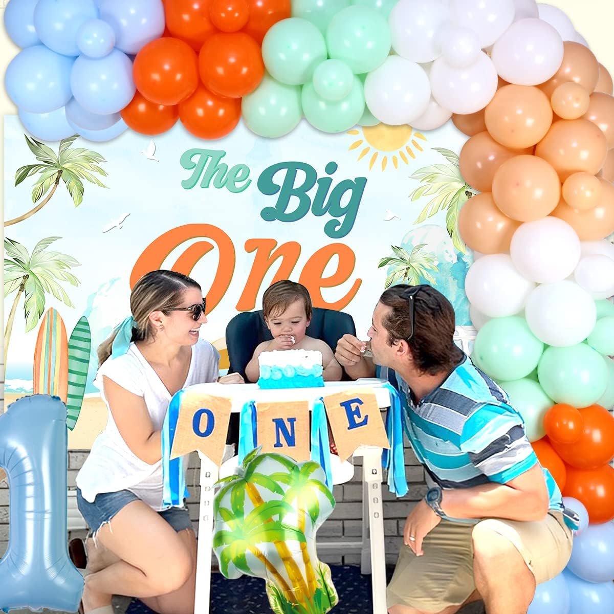 Surf Theme Birthday Party Decorations for Boys Big One Surfer 1st Birthday Decorations Boho Pastel Balloon Garland Big One Backdrop Number 1 Balloon Retro Surf Summer Surfing Birthday