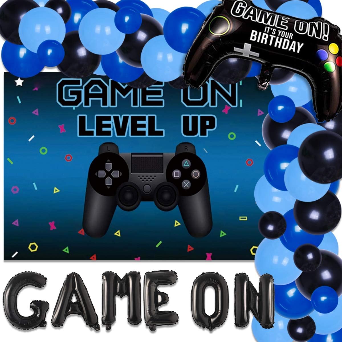 Video Game Party Supplies Blue and Black Gaming Theme Balloon Garland Arch Kit for Gamer Boys with Letters and Controllers Foil Balloons Backdrop Birthday Decorations