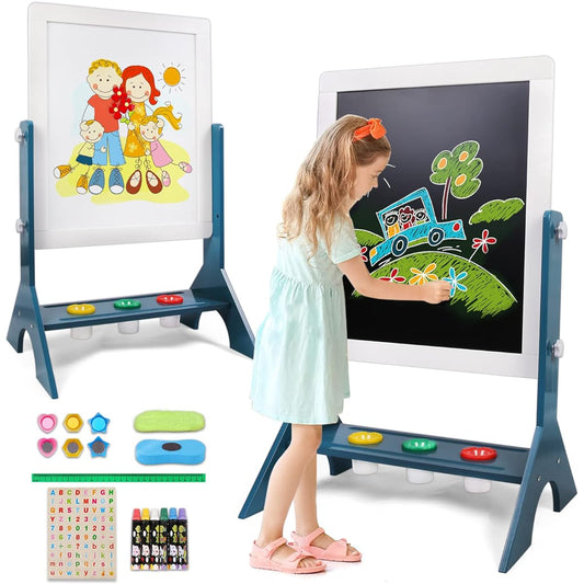 Kids Wooden Art Easel Double Sided Magnetic Adjustable Standing Easel for Writing & Drawing Whiteboard & Chalkboard Magnetic Letter and Number Accessories for Boys Girls