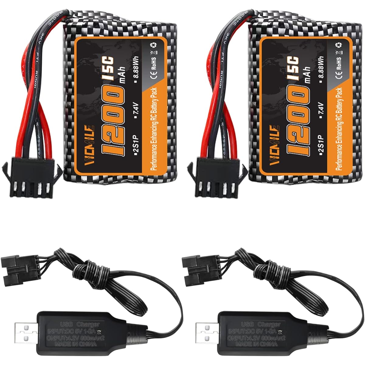 VICMILE 7.4V 1200mAh Li-ion Battery 2S 15C RC Boat Battery for R208 R308 High Speed Remote Control Boat 2 Pack with USB Charger