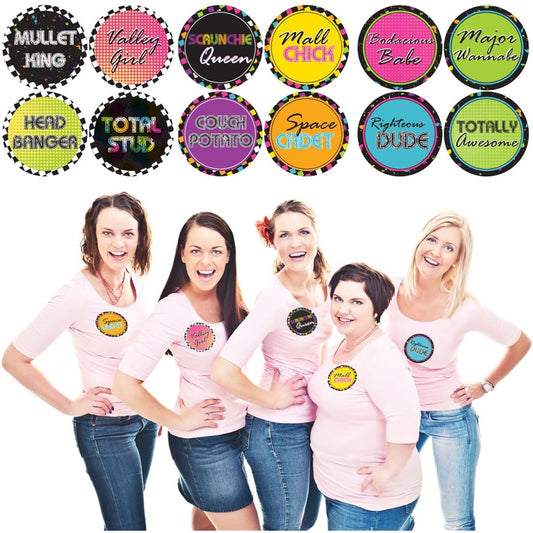 80s Retro - Totally 1980s Party Funny Name Tags - Set of 12 Party Badge Stickers