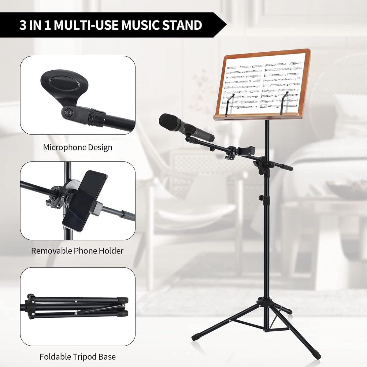 Shikha Music Stand with Mobile Phone Holder and Microphone Holder Brown Wooden Book Plate 3 in 1 Multipurpose Folding Sheet Music Stand & Desktop Book Stand Portable Adjustable Heavy Duty with Clip Holder