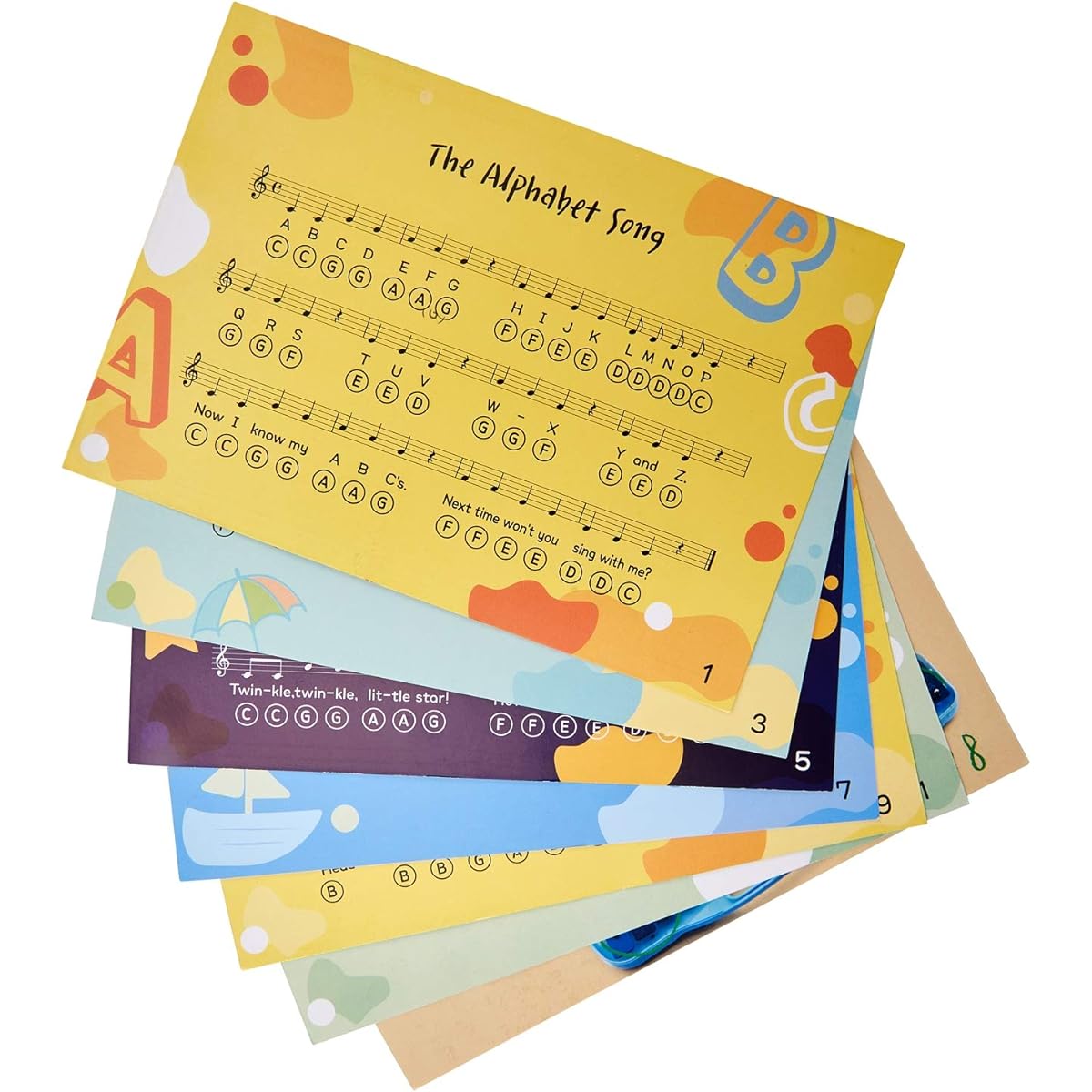 Set of 7 cards with 12 sheet music sheets with alphabet chords Xylophone music for kids Simple songs