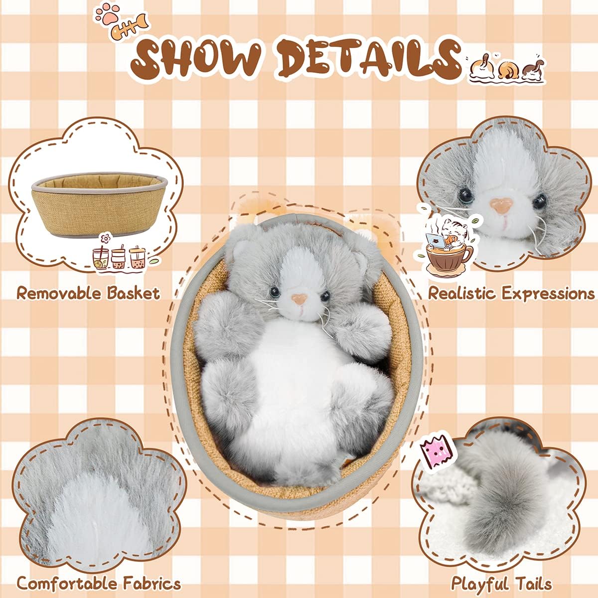 2pcs Cat Plush Toys 8.65 Inch Cat Stuffed Animals Cute Kawaii Plush Toys with Basket Exquisite Stuffed Animals Bulk Birthday Baby Gifts Kids Girls Home Decorations Grey & Yellow