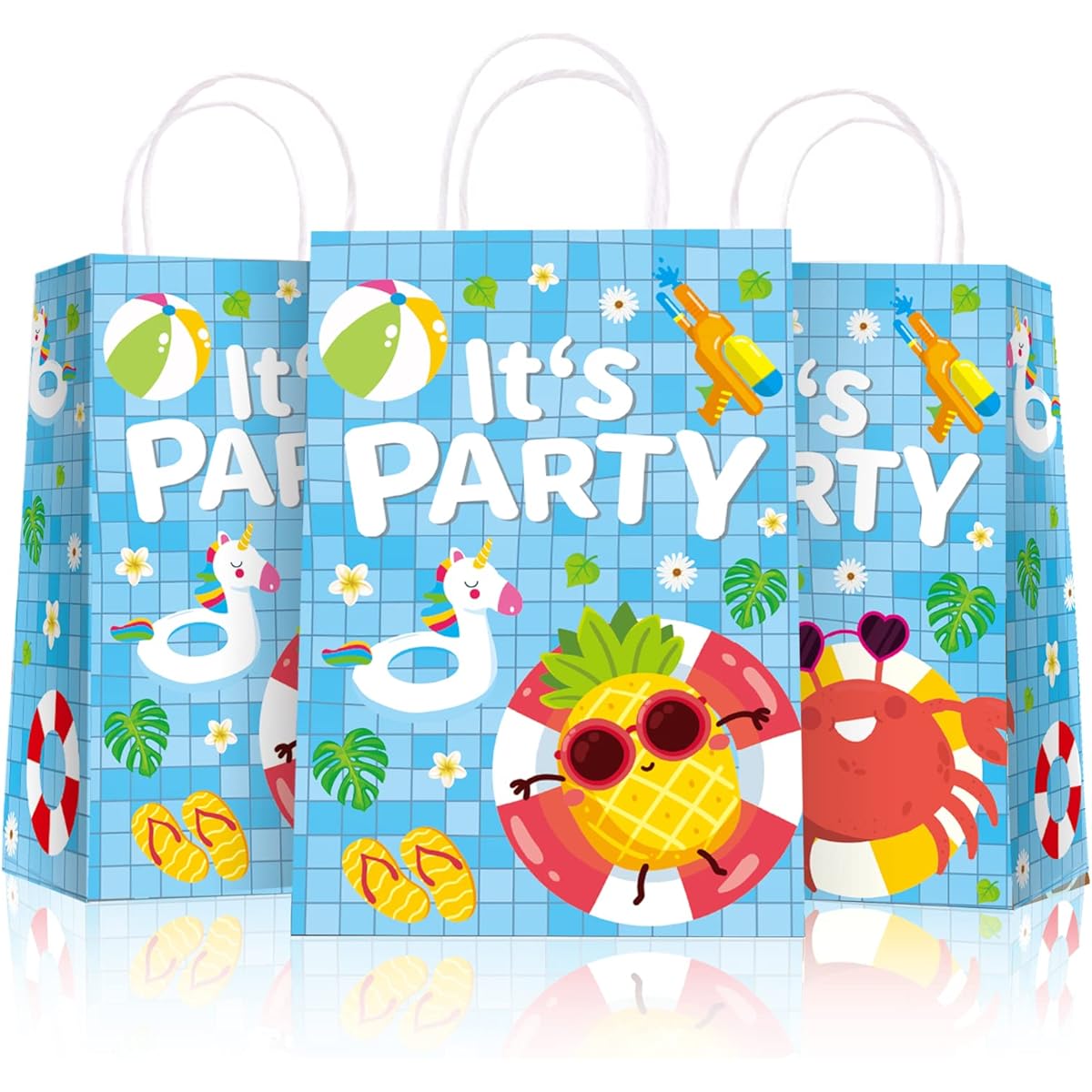 24 Pack Summer Pool Beach Party Goodie Gift Bags with Handles Holiday Summer Party Favors Decoration Candy Craft Bags Hawaii Holiday Birthday Party Supplies Baby Shower Decorations