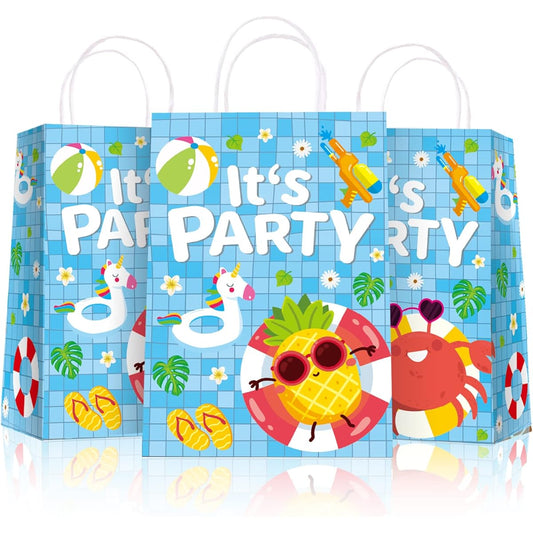 24 Pack Summer Pool Beach Party Goodie Gift Bags with Handles Holiday Summer Party Favors Decoration Candy Craft Bags Hawaii Holiday Birthday Party Supplies Baby Shower Decorations