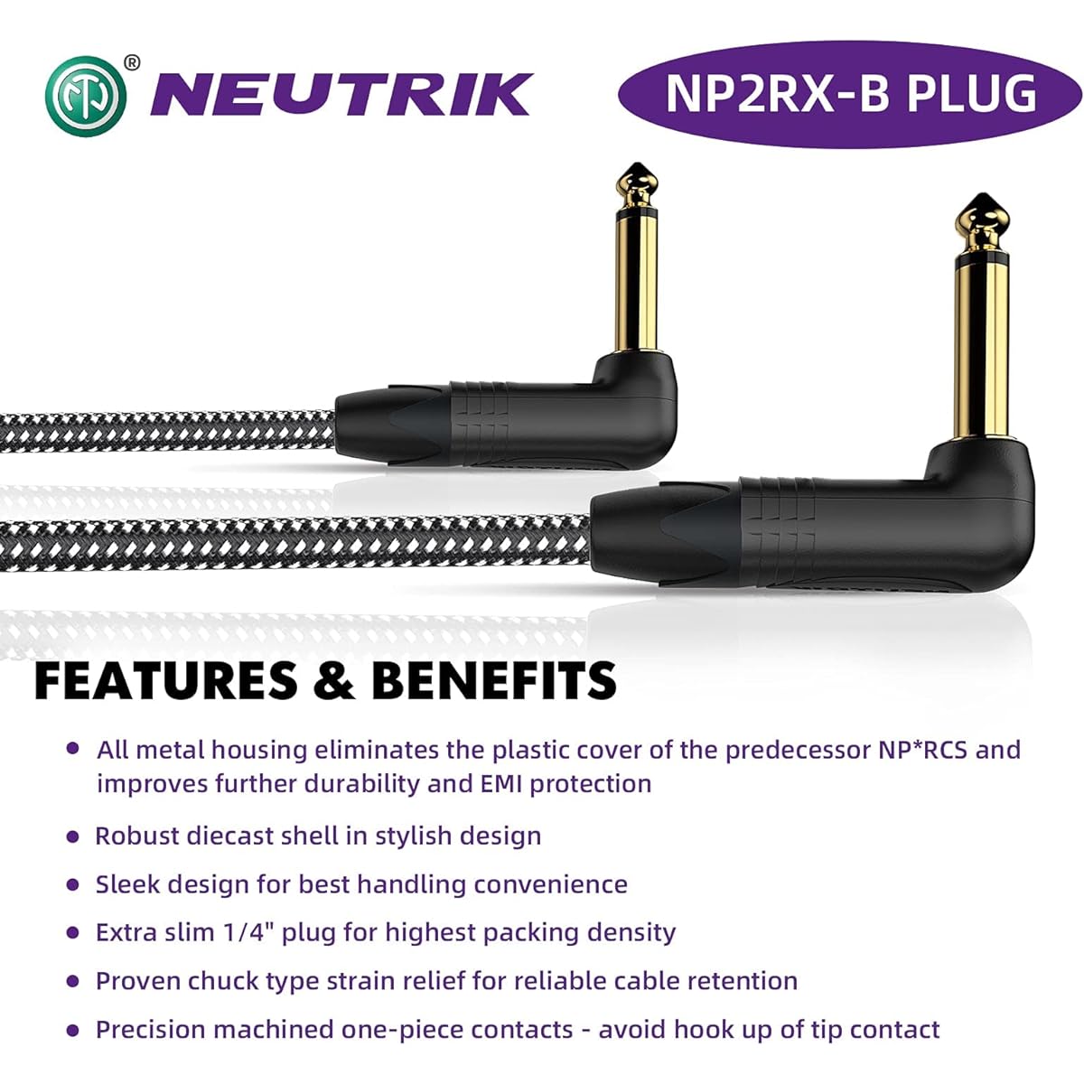 SPEAKFRIENDS 20ft Musical Instrument Cable Golden Neutrik Cord 1/4" Straight to 1/4 L Shape Guitar Cable for Professional Musicians