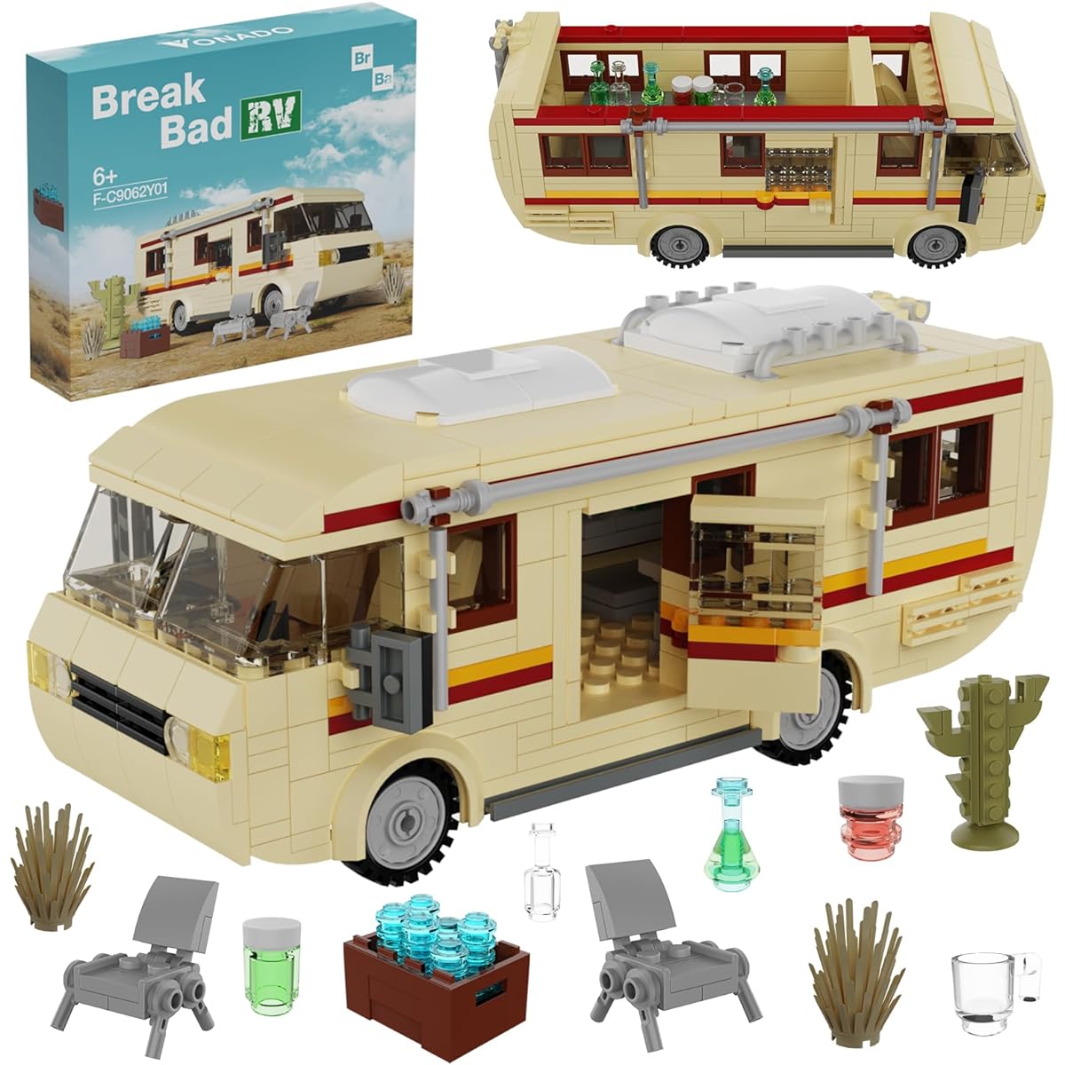 VONADO Break Bad RV Car Building Set Compatible with Lego RV Break Bad The Krystal Ship Creative Camper Van Building Blocks Toy for Fans and Kids Ages 6-12 (439 Pieces), Apricot