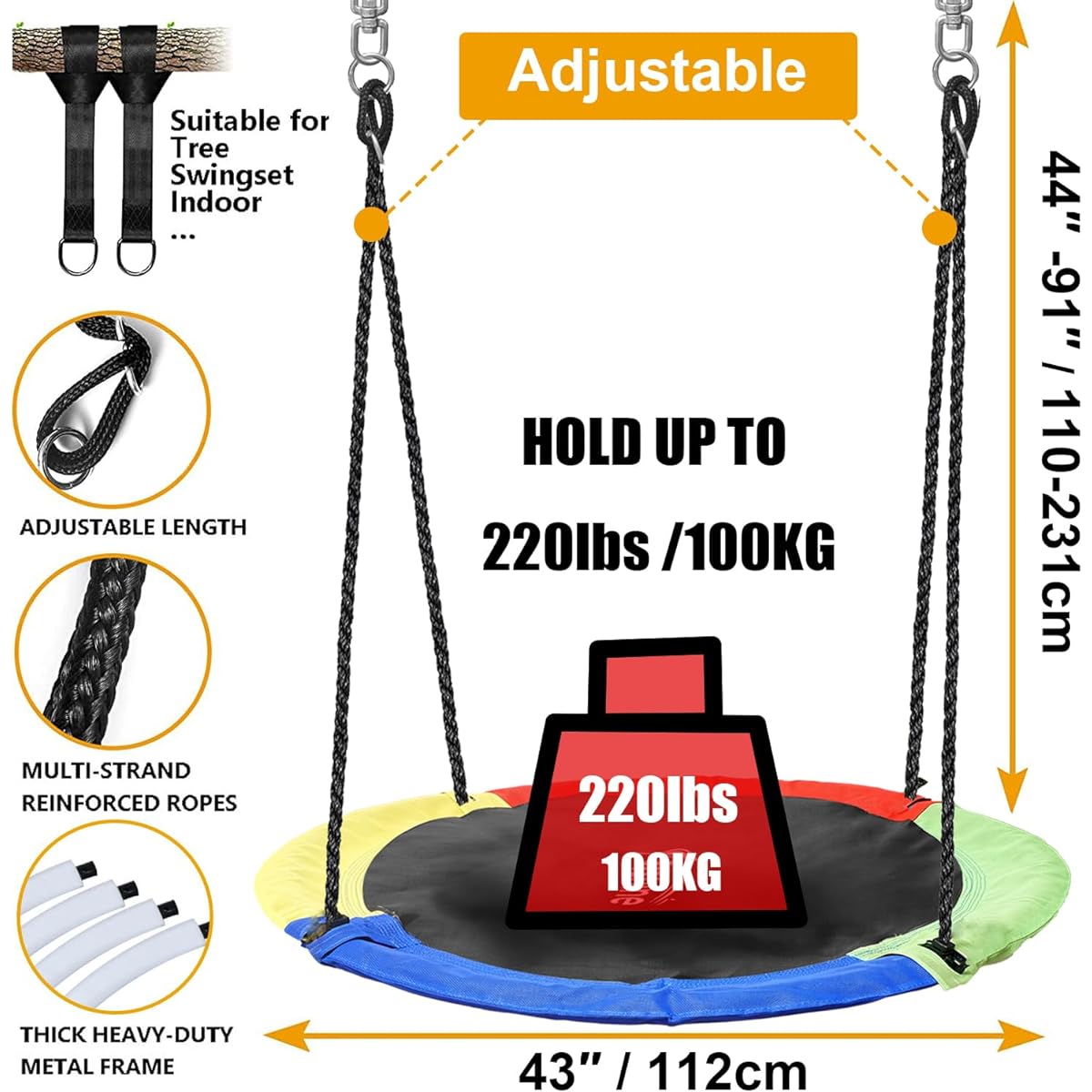 Hishine 43" Saucer Tree Swing for Kids, 360° Rotation Waterproof Flying Saucer Swing with Swivel, Hanging Straps, Adjustable Rope, Round Mat, Spinner Swing for Tree/Swing (4 Colors)