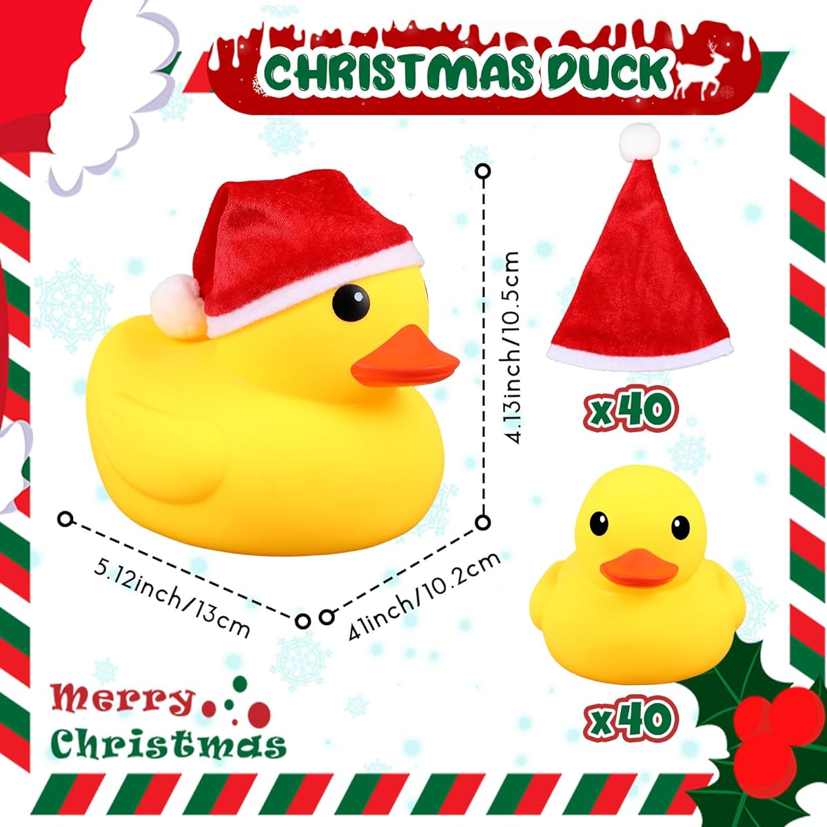Deekin Large Rubber Ducks 40pcs Bulk Christmas 5 Inch Giant Duck Santa Hat Christmas Jumbo Yellow Duck Holiday Decorations Party Ornaments Supplies Kids Bath Toys