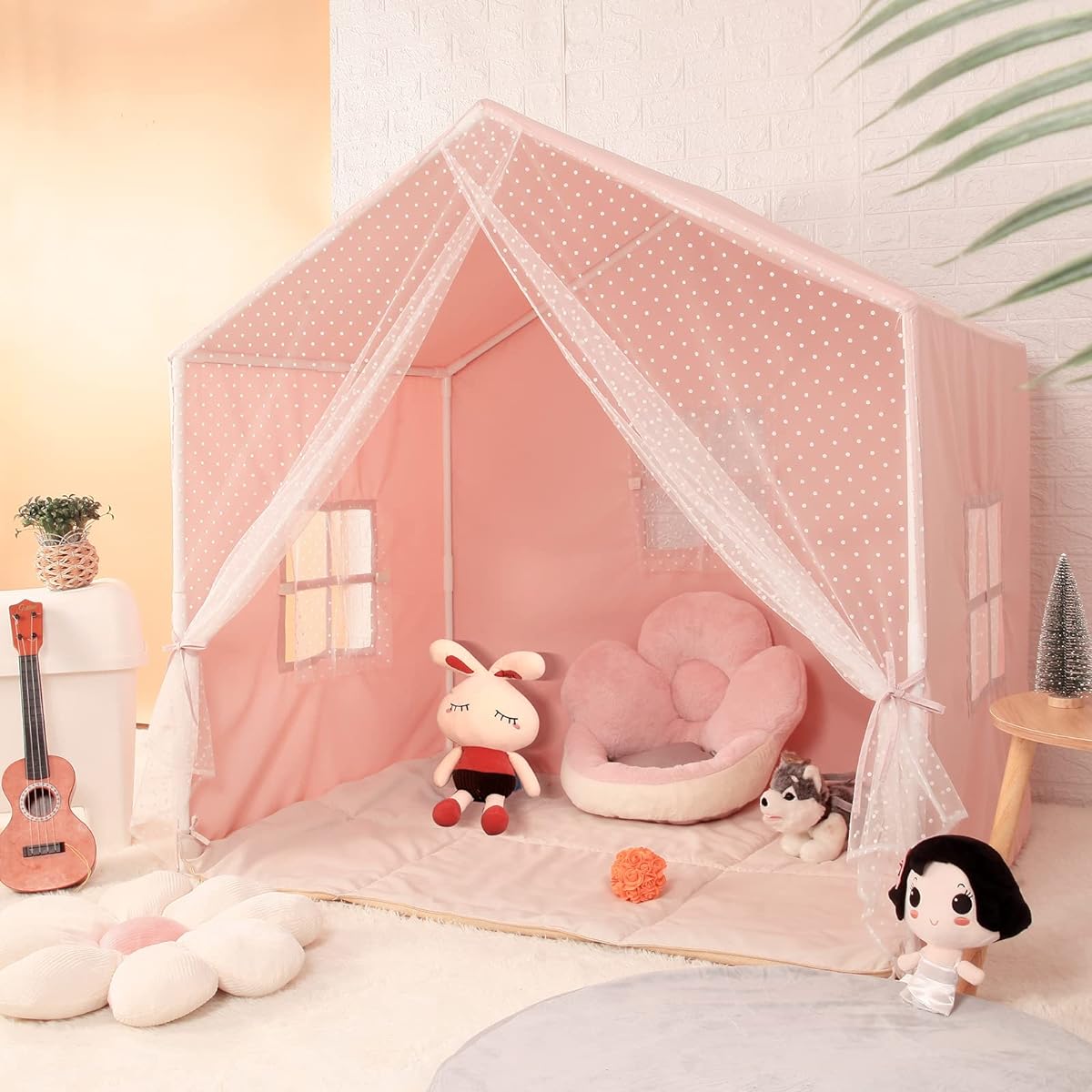 Kids Play Tent with Non-Slip Mat Starlight Dot Curtain Large Playhouse with Window Machine Washable Indoor and Outdoor Castle Play Tent for Kids Girls Pink 51" x 35.5" x 52"