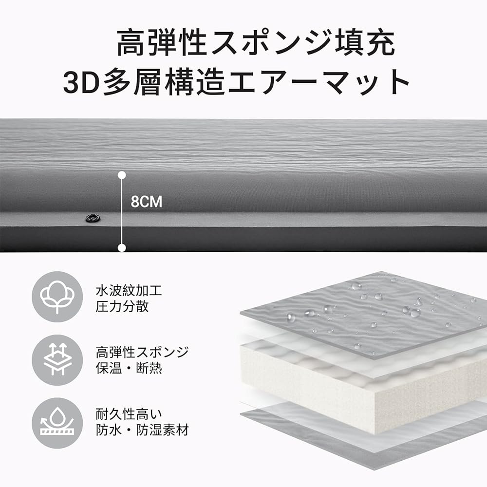 YETO Camping Air Mat with Pillow, Outdoor, Foldable, Compact Camping Mat, Thick 8cm, Tent Mat, Connectable, Waterproof, For Sleeping in the Car, Disaster Prevention, Inflator Mat, 193*63*8cm, Gray