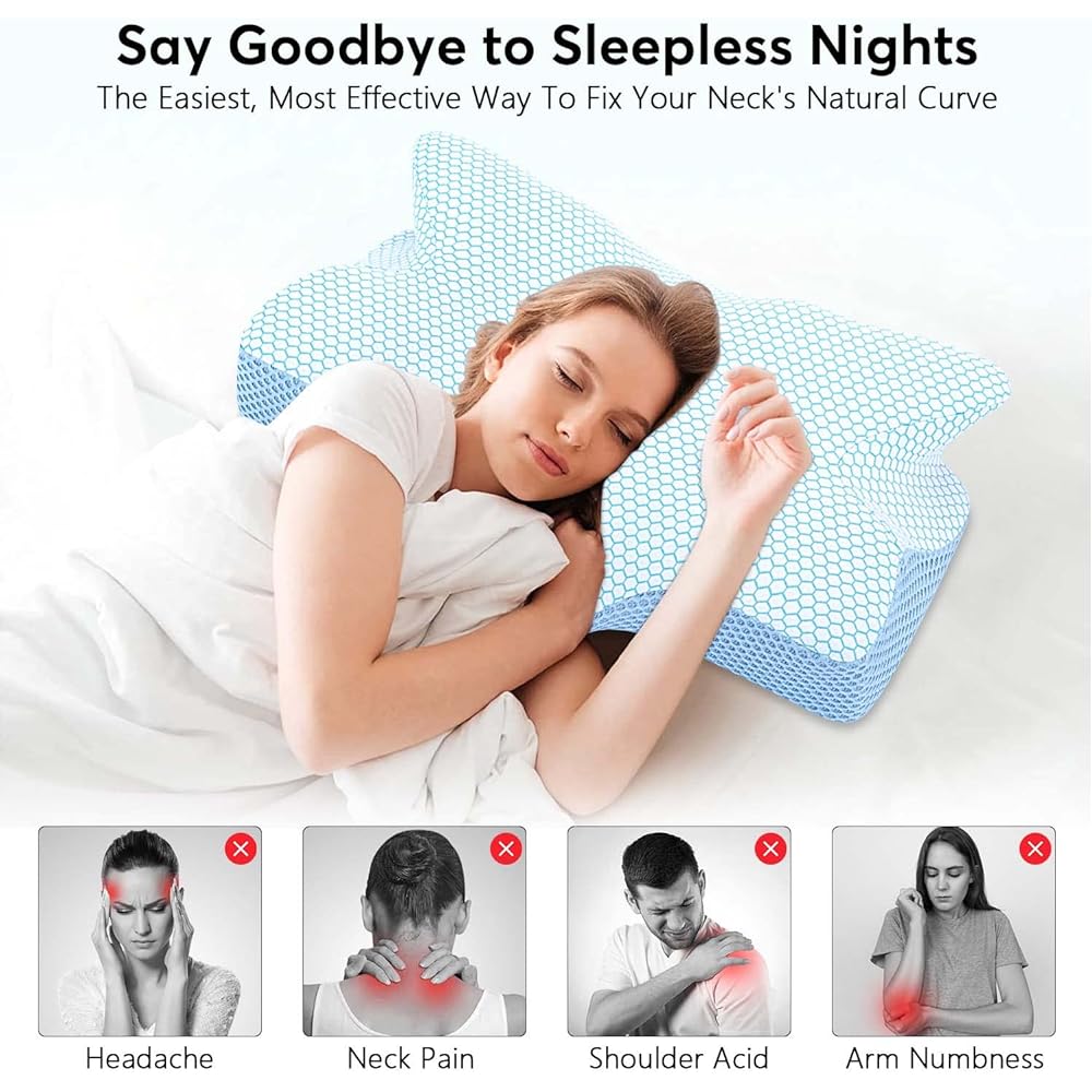 Anvo Cervical Neck Pillow for Neck and Shoulder Pain - Memory Foam Neck Pillow for Sleeping Pain Relief Side Sleeping Pillow Curved Orthopedic Soft Pillow for Back Sleepers - Blue