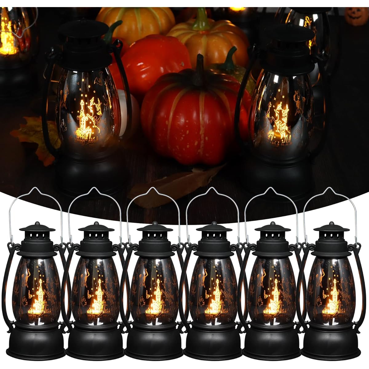 Reperla Halloween Mini Lanterns 6 Pack LED Small Lanterns Indoor Lanterns Decorative Farmhouse Decor Outdoor Hanging Lanterns Decorative Candle Lanterns Halloween Decor Ambience (Black)