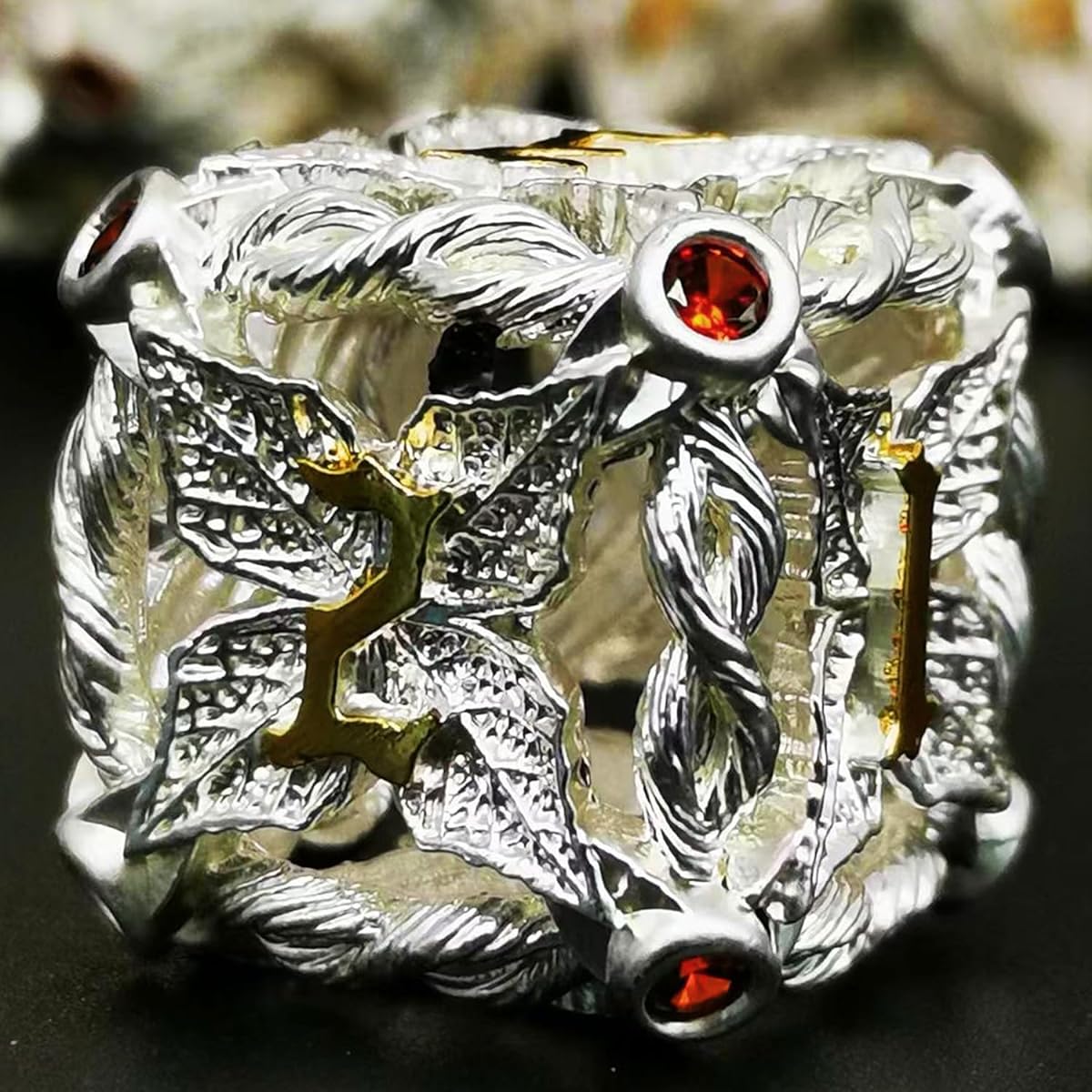 MJDICEOK Hollow Magic Vine Leaf DND Dice Set Metal Dice Set 7 Role Playing Dice D&D Dungeons & Dragons Dice (White + Red Gem)