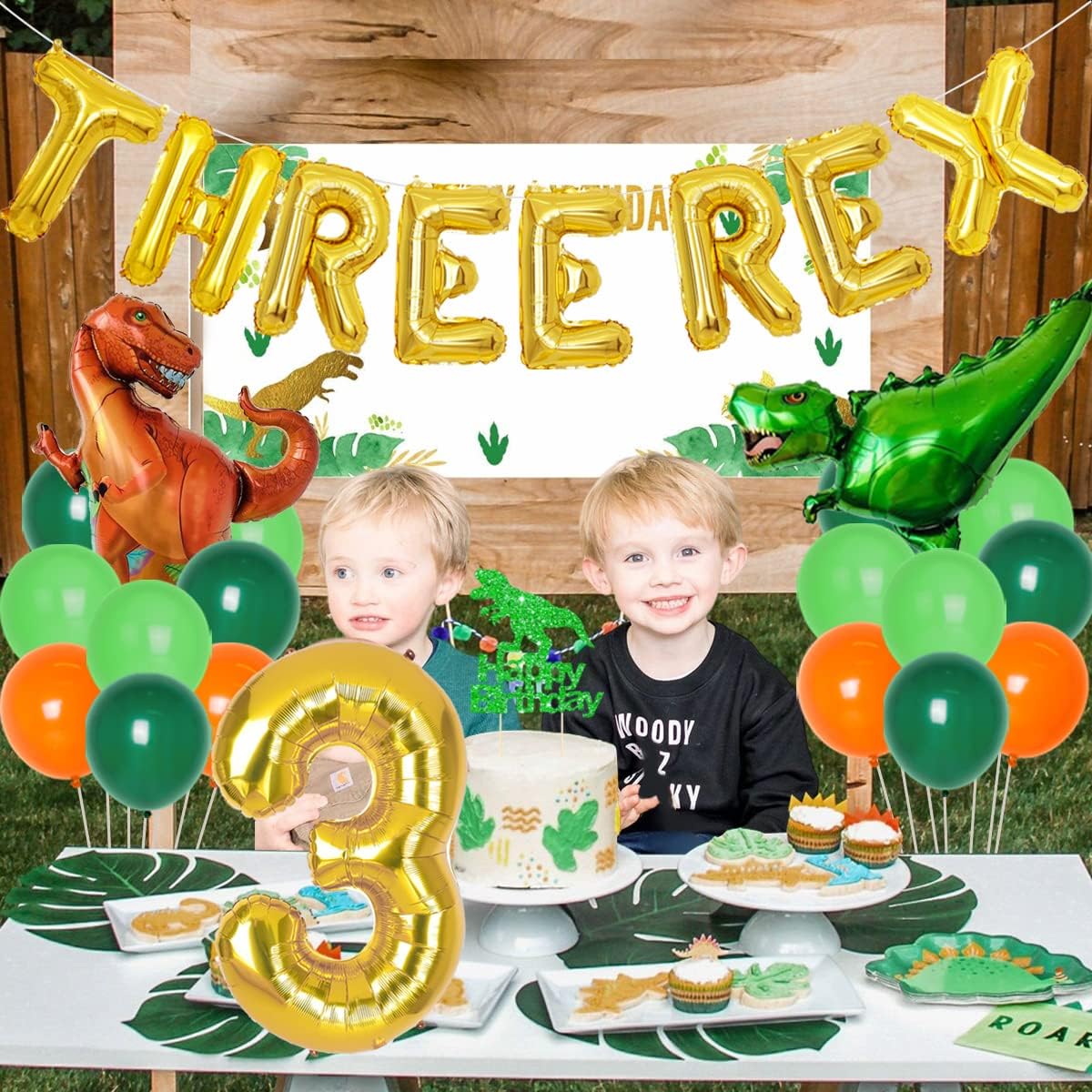 Dinosaur Birthday Decorations, Boy 3 Rex Birthday Decorations, Dinosaur Party Supplies for Age 3 - Rex Balloons, Dinosaur Cake Topper, Happy Birthday Banner
