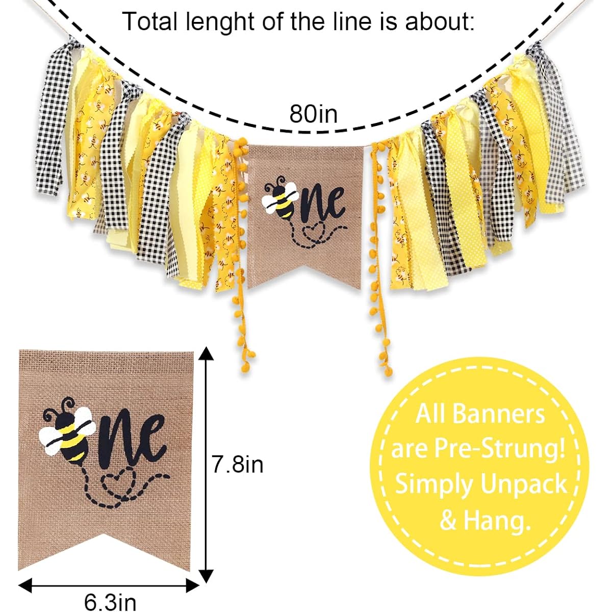 Bee 1st Highchair Banner - Bee Birthday Themed Decorations, 1st Bee Day Banner, 1 Bee Highchair Banner for Boys/Girls, 1st Birthday Bee Highchair Banner Party Decorations