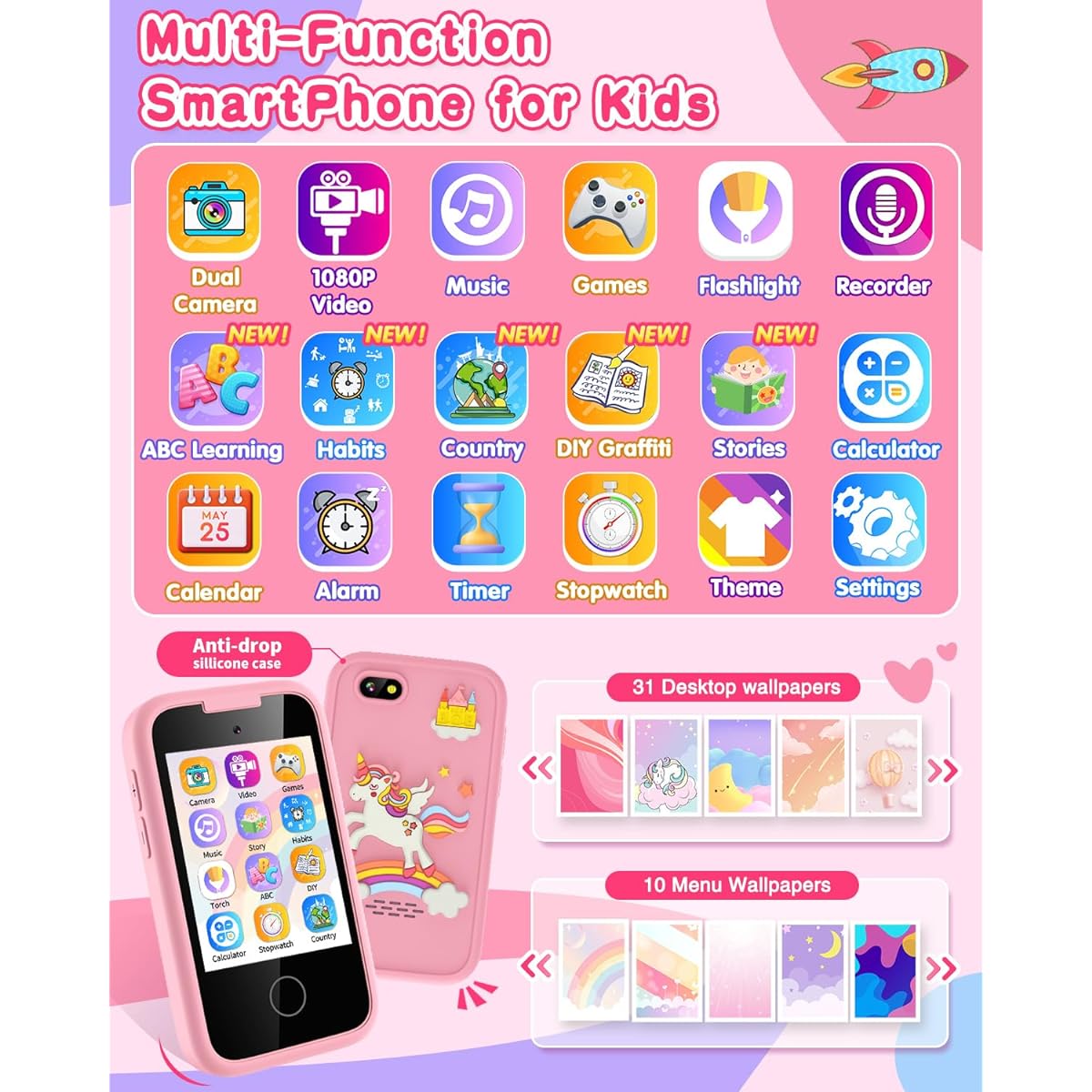 Kids Smartphone for Girls Touch Screen Kids Cell Phone Gift 6-8 Years Old with Dual Camera Music Game Learning Toy Phone Christmas Birthday Gift for 3 4 5 6 7 8 Year Old Girls with 8G SD Card