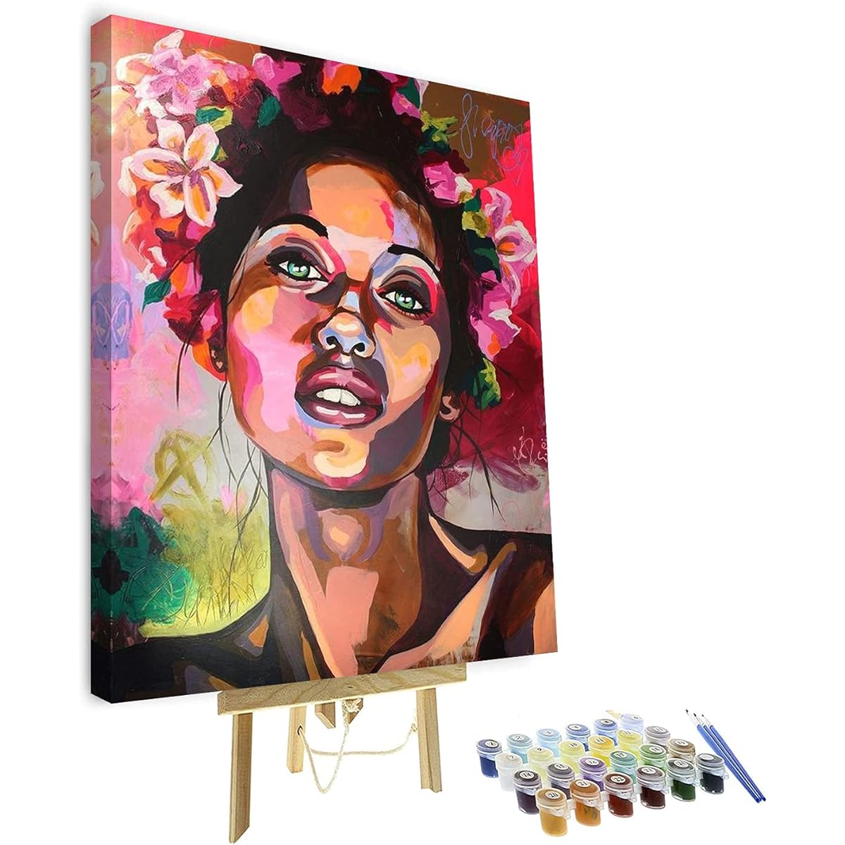 Paint by Numbers Canvas DIY Oil Painting for Kids/Students/Adults/Beginners with Brushes and Acrylic Pigments - African American Woman Girl in a Wreath - 16"x20" with Frame
