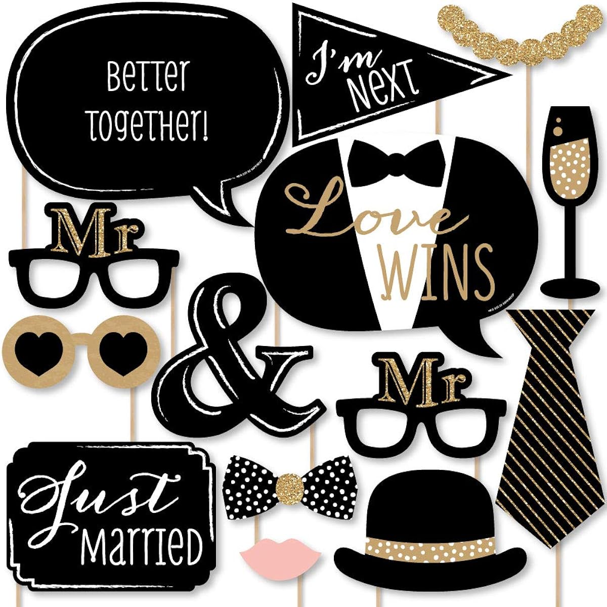 Mr. & Mr. - Gold - Gay Wedding LGBTQ Photo Booth Props Kit - 20 Count