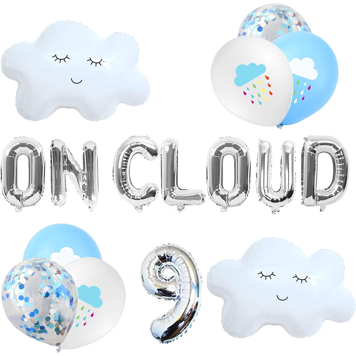 LaVenty 13pcs Silver on Cloud 9 Balloons, 9 on Cloud Birthday Decorations, 9th Birthday Balloons, 9th Birthday Balloons on Clouds, Party Supplies, Cloud Balloons