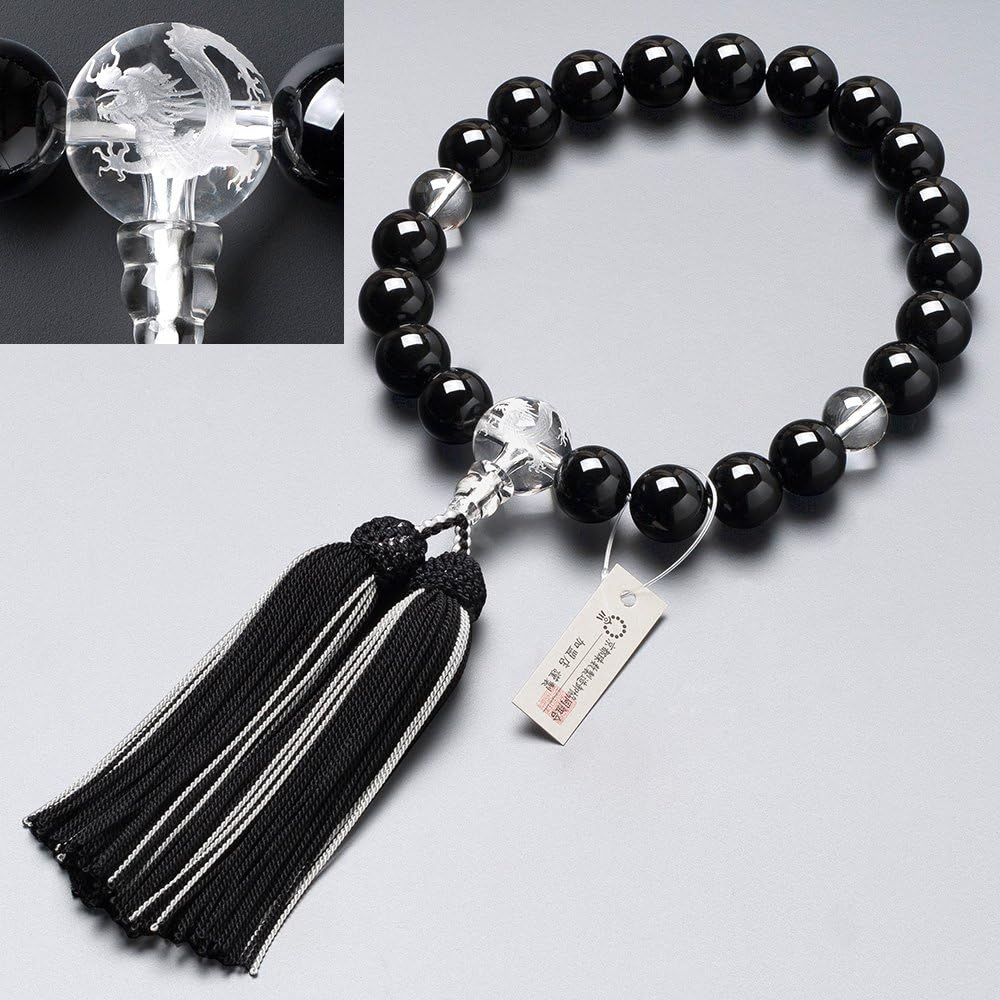 Buddhist Altar Shop Takita Shoten Kyoto Prayer Beads for Men, Black Onyx, Dragon Carved Crystal, 20 Beads, Pure Silk Tassel with Head, Bead Bag Included, Can Be Used by All Sects, Certificate Included