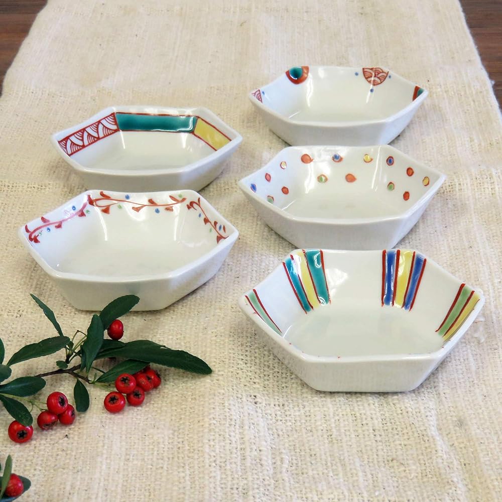 Small bowl, Japanese tableware set, Kutani ware, small bowl, set of 5, decorative pottery, stylish pot, serving plate