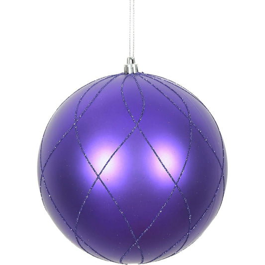 Vickerman 4" Purple Matte & Glitter Swirl Ball Ornaments, Box of 4