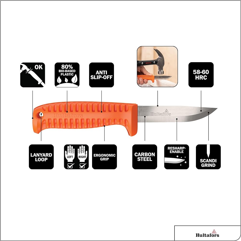 Hultafors Camping Knife Multipurpose Sustainable High Strength High Durability Blade Dimensions: 90mm Craftsman's Knife HVK Bio AV03801500