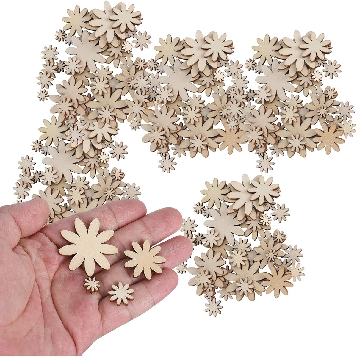 Pssopp 250pcs Flower Shapes Unfinished Wooden Flower Slices Wooden Flowers Wooden Cutouts Mixed Sizes for Christmas Wedding Party DIY Craft Decoration